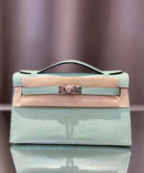 에르메스 켈리 포쉐트 민트 은장 악어가죽